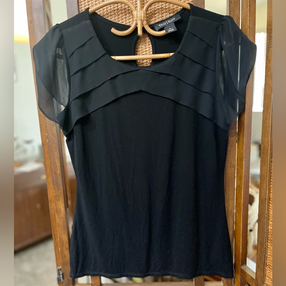 White House Black Market Black Sheer Ruffle Cap Sleeve Blouse